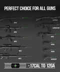 No-Fuss Tool Free Green Laser Bore Sight Kit With 64 Upgraded Adapters For Calibers From.17 To 12 Gauge shown with firearms