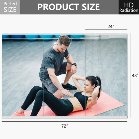Person exercising in front of Wall Mounted Full Length Gym Mirror Set, 3-Piece 48 By 24 Inch Frameless Glass Body Mirror For Home Gym