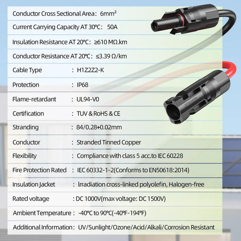 Specification details of 30Ft 10 Gauge Solar Extension Cable With Male And Female Connectors For Outdoor RVs And Off Grid Solar Systems, Heavy Duty 84 Tinned Copper Wire For Low Loss Power Transfer, All Weather Ready Black And Red.