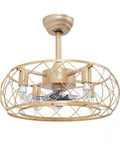 Caged Ceiling Fan with Light Wireless Control Gold Iron for Bedroom, close-up view showcasing its durable iron body and stylish design.