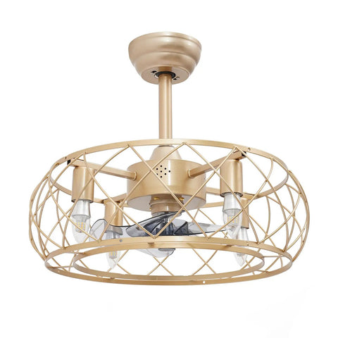Caged Ceiling Fan with Light Wireless Control Gold Iron for Bedroom, close-up view showcasing its durable iron body and stylish design.