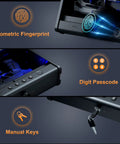 Biometric Pistol Safe With Quick Access Fingerprint, showing fingerprint scanner, keypad, and key lock options.