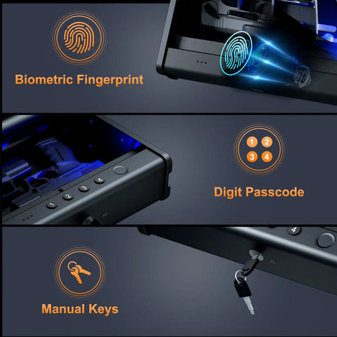 Biometric Pistol Safe With Quick Access Fingerprint, showing fingerprint scanner, keypad, and key lock options.