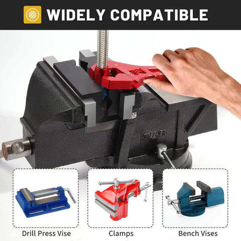 Heavy Duty Nylon Vise Jaw Pads With Rock Solid Magnets For No Slip Bench Vice Protection Soft Grip Cover Fits Any Steel Workbench Vise Garage Grade Black on a bench vise with red grips.