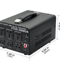 Heavy Duty 5000W Voltage Converter Transformer with US Standard Power Cord and Circuit Breaker Protection shown with dimensions