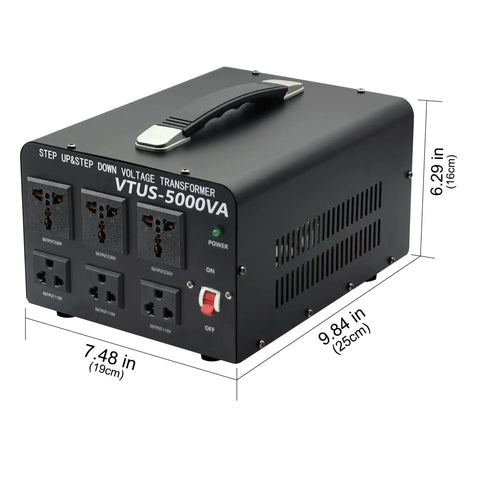 Heavy Duty 5000W Voltage Converter Transformer with US Standard Power Cord and Circuit Breaker Protection shown with dimensions