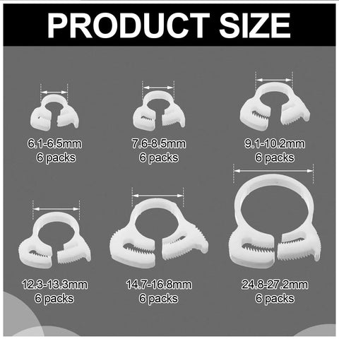 36 Pcs Aquarium Hose Clamps Set In 6 Sizes To Fit 6.1 To 27.2 mm Nylon Plastic Snap Ratcheting Clamps For Standard Aquarium Heater Tubing Fish Tank Plants, showing six different sizes of white plastic clamps.