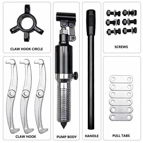 Beefy 30 Ton Hydraulic Gear Puller Set components including pump body, claw hooks, screws, and pull tabs for machinery maintenance.