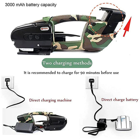 Heavy Duty Cordless Strapping Kit With Slick Auto Tensioning And Hot Melt Welding For No Sweat Box Sealing, showing charging options.