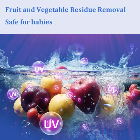 Fruit and Vegetable Residue Removal using UV bubbles in water for safe cleaning, emphasizing hygiene for babies.