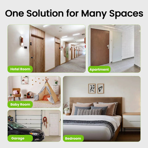 4 In 1 Smart Fingerprint Door Lock showing various installation locations including hotel room, apartment, baby room, garage, and bedroom.