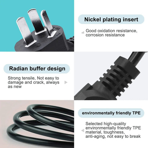 Details of 10ft Universal 3 Prong Treadmill Power Cord Replacement including nickel plating, radian buffer, and TPE material