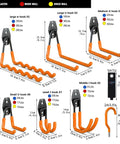 Heavy Duty Garage Wall Hooks 31 Pack Anti Slip PVC Coated Steel Wall Mount Organizer for Ladders Yard Tools Shovels Weed Eaters Hoses and Bulk Gear Built Tough 77 lb Load Capacity Orange, showing various hook sizes and weights.