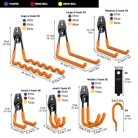 Heavy Duty Garage Wall Hooks 31 Pack Anti Slip PVC Coated Steel Wall Mount Organizer for Ladders Yard Tools Shovels Weed Eaters Hoses and Bulk Gear Built Tough 77 lb Load Capacity Orange, showing various hook sizes and weights.