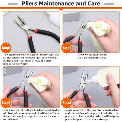 Image of pliers maintenance steps showing cleaning and oiling for 19 Piece Jewelry Making Tools Kit With Zipper Storage Case For Crafting And Repair Perfect DIY Beading And Wirework Set For Beginners And Pros At Home.