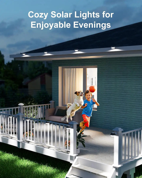 Eight Pack White Solar Powered Gutter Lights Outdoor Decorative Waterproof LED Fence Lamps on deck for evening lighting