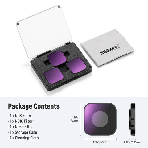 ND Filter Set for GoPro Hero 9 10 11 12 13 Black 3 Pack ND8 ND16 ND32 Screw On Multicoated HD Glass with case and cloth displayed