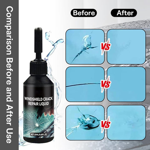 Comparison of Upgraded Windshield Crack Repair Kit With Nano Glass Repair Liquid showing before and after crack fixes