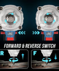 Forward and reverse switch on Beefy Cordless Half Inch Brushless Impact Wrench With 300 Ft-Lb Torque, 20V Battery shown.