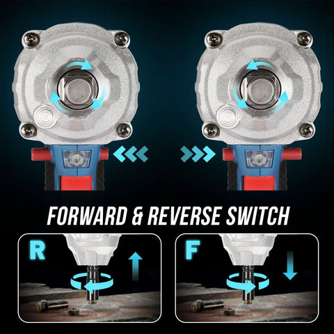 Forward and reverse switch on Beefy Cordless Half Inch Brushless Impact Wrench With 300 Ft-Lb Torque, 20V Battery shown.
