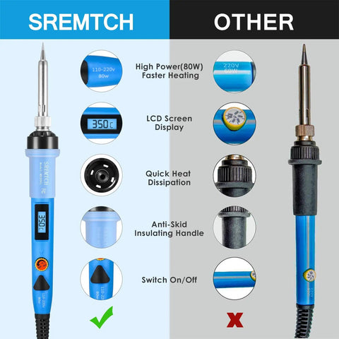 Comparison of 80W LCD Soldering Iron Kit With Adjustable Temperature and standard solder gun features.