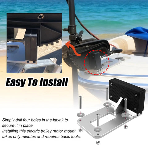 Universal Kayak Trolling Motor Mount for Flat Stern Kayaks Or Boats Transom Bracket Fits Electric Trolling Motors Up to 3HP Heavy Duty Corrosion Resistant Stainless Steel Easy Clamp On Install shown installed on kayak, highlighting easy installation and stainless steel design.