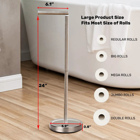 Freestanding Toilet Paper Holder With Four Roll Reserve SUS304 Stainless Steel Base Brushed Nickel Finish Rust Resistant And Extra Durable No Fuss Load And Refills Keeps Rolled Paper Handy For A Neat Modern Bathroom.