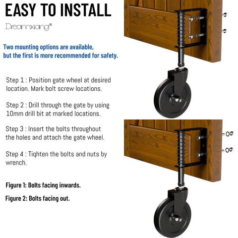 Installation steps for Heavy Duty 5 Inch Spring Loaded Gate Wheel Caster With Side Brake And Automatic Height Adjustment.