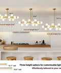Mid Century Modern Sputnik Chandelier With 16 Lights Brushed Brass Arms And Frosted Milk Glass Shades For Kitchen Or Dining Room That Hits Different And Brings Major Vibes displayed with height options.