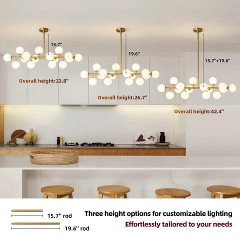 Mid Century Modern Sputnik Chandelier With 16 Lights Brushed Brass Arms And Frosted Milk Glass Shades For Kitchen Or Dining Room That Hits Different And Brings Major Vibes displayed with height options.
