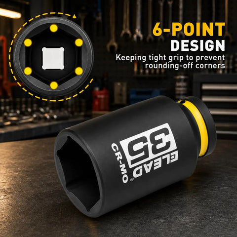 Heavy Duty Thirty Five Millimeter Deep Impact Socket With One Half Inch Drive For Axle Nut Removal Six Point Chrome Moly Steel Black