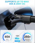 Close-up of Portable Tesla To J1772 EV Charging Adapter With 60 Amp Output and rugged IP65 weatherproofing in use.