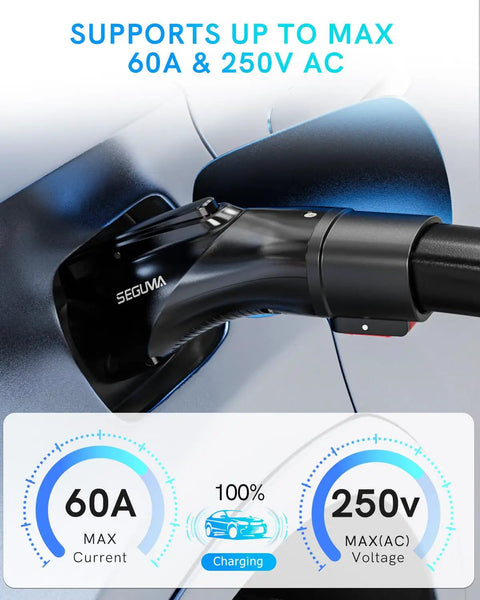 Close-up of Portable Tesla To J1772 EV Charging Adapter With 60 Amp Output and rugged IP65 weatherproofing in use.