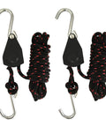 Heavy Duty Rope Tie Downs 1 Quarter Inch By 10 Feet With Adjustable Ratchet Pulleys 2-Pack for kayak, camping, or hauling gear.