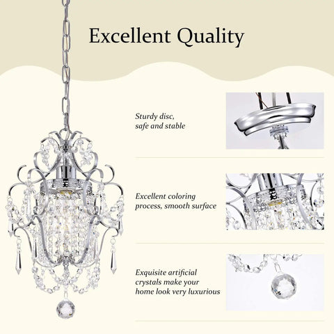 Small Chrome Crystal Chandelier Light Fixture With Iron Frame 1 Light Antique Farmhouse Style closeup showing crystals and fixture details