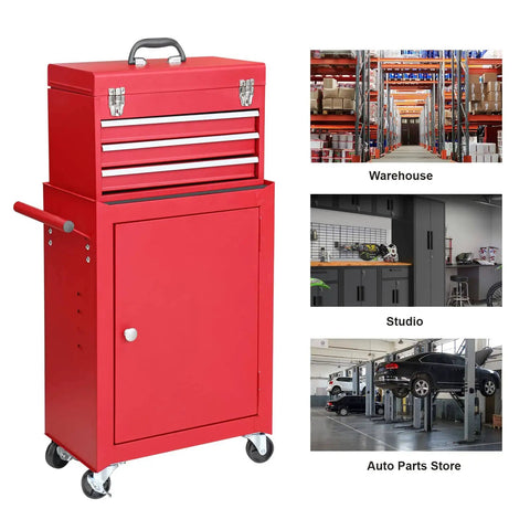 Red Large Tool Chest With Three Drawers For Garage Or Workshop Heavy Duty Cold Rolled Steel Cabinet With Corrosion Resistant Powder Finish