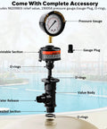 Manual pool/spa filter air relief valve with pressure gauge; black plastic body, brass fitting, O-rings, gauge plug.