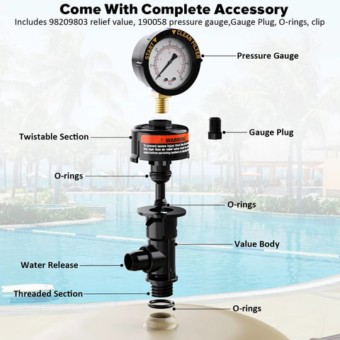 Manual pool/spa filter air relief valve with pressure gauge; black plastic body, brass fitting, O-rings, gauge plug.