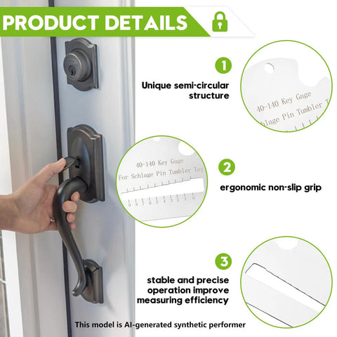 40-104 Key Needle Gauge For Home Lock Keys, Compact Semi-Circular Tool With Ergonomic Non-Slip Grip, Ultra-Precise Key Measurement For Common Door Lock Series, Portable Locksmith Gauge For DIYers And Pros, shown on a door lock