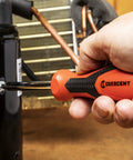 Using Quarter Inch Drive Dual Material Bit Holding Screwdriver Handle With Ergonomic Balance Grippy Oil And Solvent Resistant Grip Full Polish Chrome Shank Pro Grade Quality Meets ANSI ASME Specs on a machinery bolt