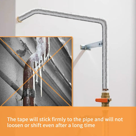 Foam Foil Pipe Insulation Wrap 3 Inch By 32 Foot Self Adhesive Reflective Tape on L-shaped pipe preventing freezing.