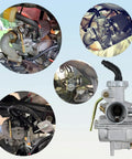 PZ20 Carburetor Upgrade Kit With Ignition Coil AC CDI Box Starter Solenoid Relay And Voltage Regulator For Tao Tao Coolster 125cc 110cc ATV Pit Dirt Bike Lifan Kazuma Baja Go Kart Parts installed and close-up views.
