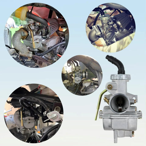 PZ20 Carburetor Upgrade Kit With Ignition Coil AC CDI Box Starter Solenoid Relay And Voltage Regulator For Tao Tao Coolster 125cc 110cc ATV Pit Dirt Bike Lifan Kazuma Baja Go Kart Parts installed and close-up views.