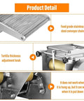 Electric Tortilla Maker Machine Non Stick Taco Press showing stainless steel conveyor chain and thickness adjustment knob.