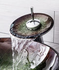 Top Shelf Tempered Glass Vessel Sink Built Tough As Nails With Slick Waterfall Faucet Flow pouring water into the basin.