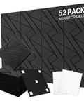 52 Pack Heavy Duty Soundproof Foam Panels For Walls High Density Acoustic Tiles, black wedges for sound absorbing, with mounting strips.