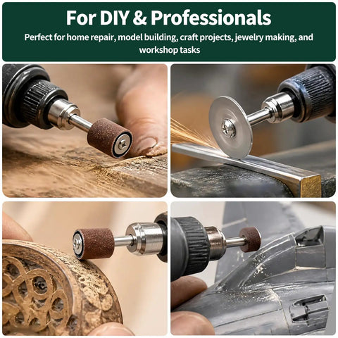 All In One Pro Grade 65 Piece Rotary Tool Kit With Diamond Cutting Wheels Resin Cut Off Discs HSS Circular Saw Blades Sanding Bands And Aluminum Oxide Bits For Wood Plastic Glass Metal Gem And Jade Projects on wood, metal, and model parts