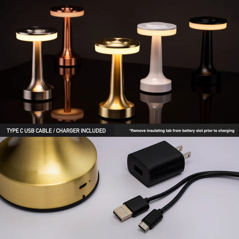 Portable Dope LED Table Lamp With Touch Sensor Three Levels Of Brightness Rechargeable Battery Lasting Up To 48 Hours Night Light For Kids And Nursery Perfect Nightstand Or Bedside Lamp In Gold, shown with USB charger and cable.
