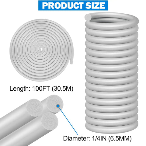 Hella Durable Heavy Duty 100FT EPDM Rubber Backer Rod Quarter Inch Wide Caulk Saver Sealant Strip For Seamless Concrete Expansion Joints Classic Gray Color shown in coiled form with size details.