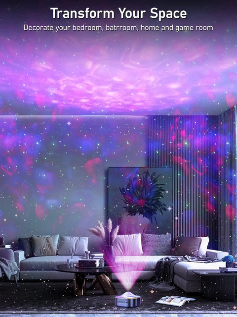 Galaxy Projector Night Light With Remote And Speaker creating a starry sky vibe in a living room for a chill home atmosphere